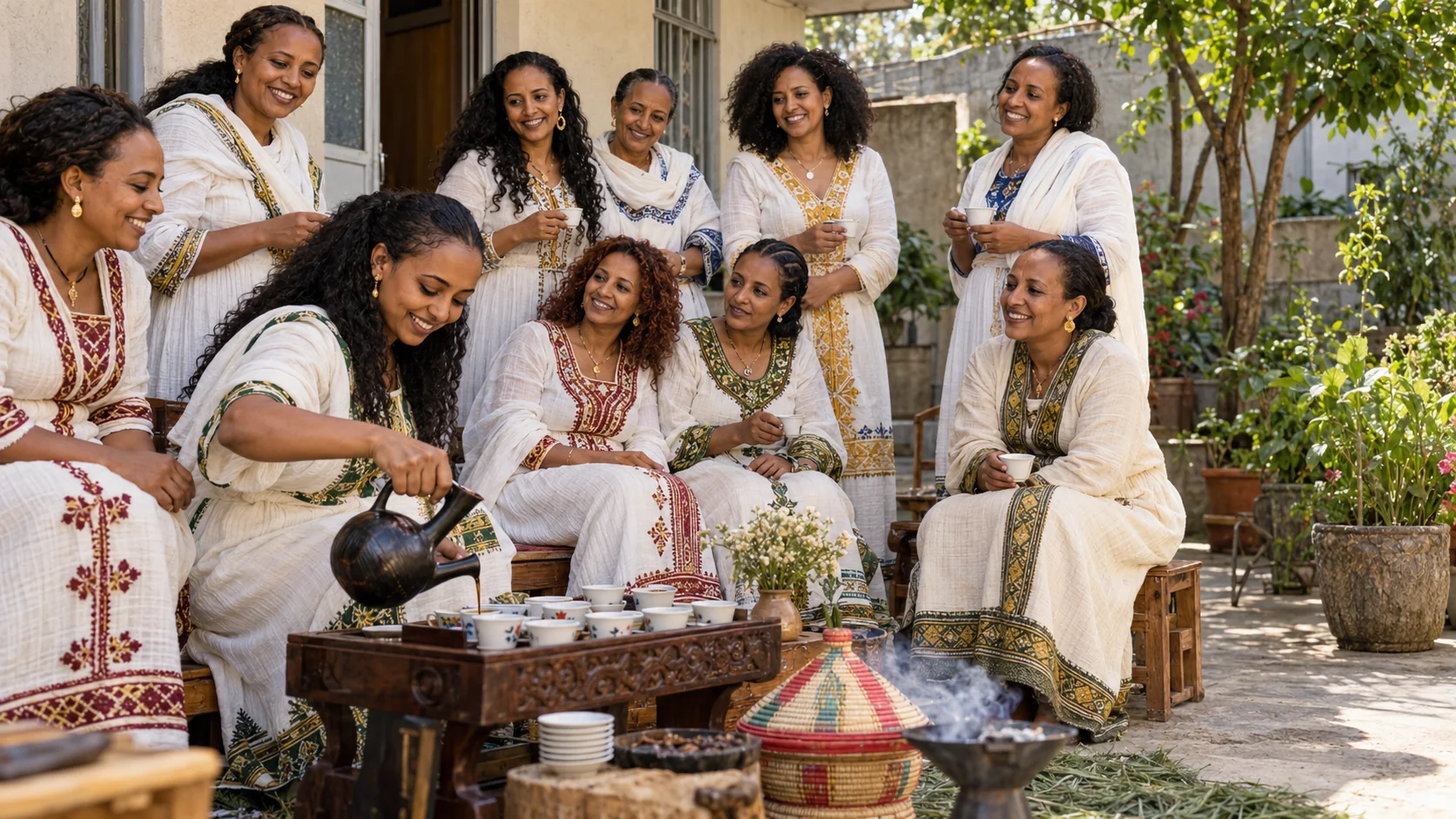 AI-generated concept of women in traditional dress at a coffee ceremony