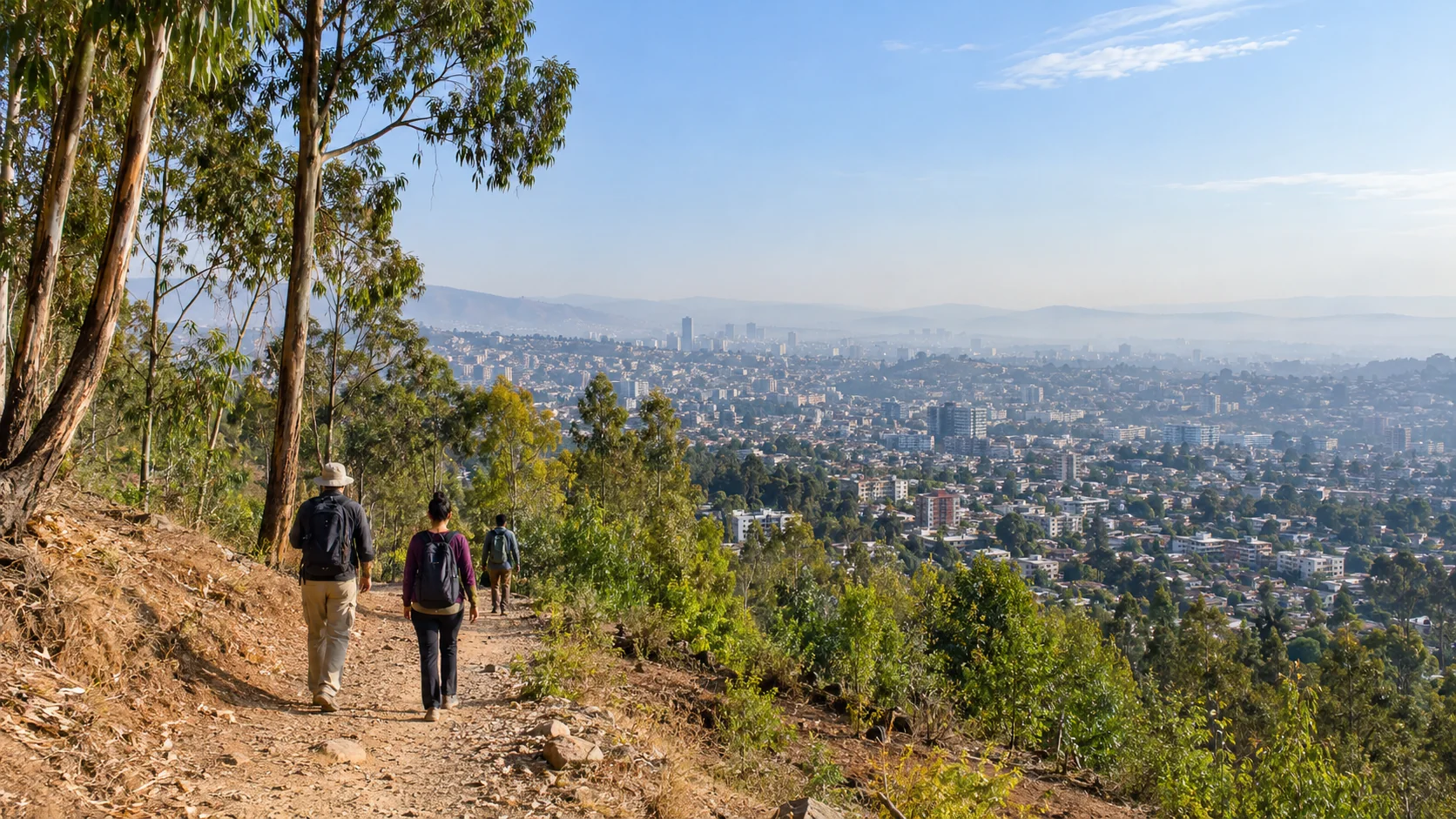 Concept image: Hikers on an Entoto trail overlooking Addis Ababa